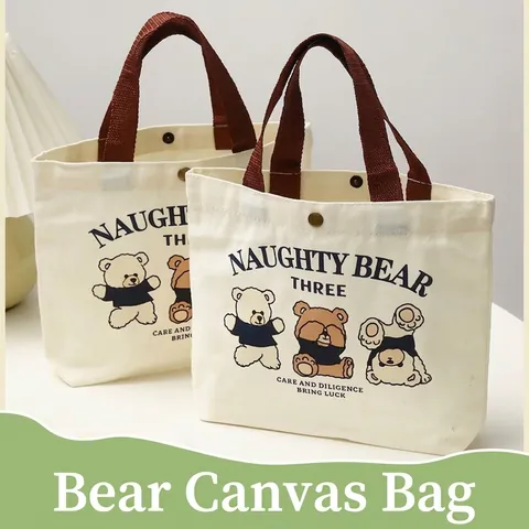 Cute Cartoon Bear Printed Canvas Handbag Small Tote Bag For Women Students Lunch Bento Box Carrying Bag Portable Daily Handbag