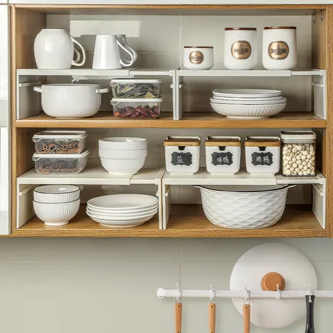 Expandable Kitchen Cabinet Organizer Storage Rack ABS Adjustable Shelf For Cupboard Sink Countertop Dish Pot Storage Home Organization