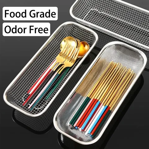 Rectangular Stainless Steel Cutlery Drainer Basket Integrated Perforated Mesh Chopsticks Spoon Storage Holder For Kitchen Cabinet