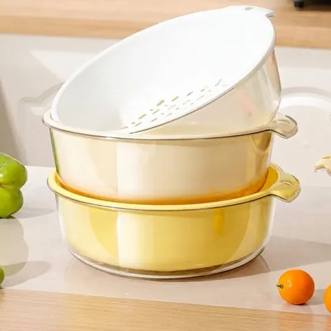 Double Layer Kitchen Drain Basket Set Plastic Fruit Vegetable Washing Basin With Handles Stackable Strainer For Home Storage Bowl