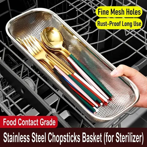 Rectangular Stainless Steel Cutlery Drainer Basket Integrated Perforated Mesh Chopsticks Spoon Storage Holder For Kitchen Cabinet