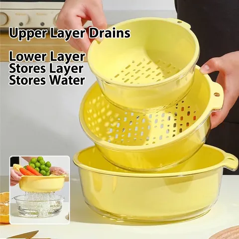 Double Layer Kitchen Drain Basket Set Plastic Vegetable Fruit Washing Basin Multifunctional Household Colander Strainer For Kitchen Storage