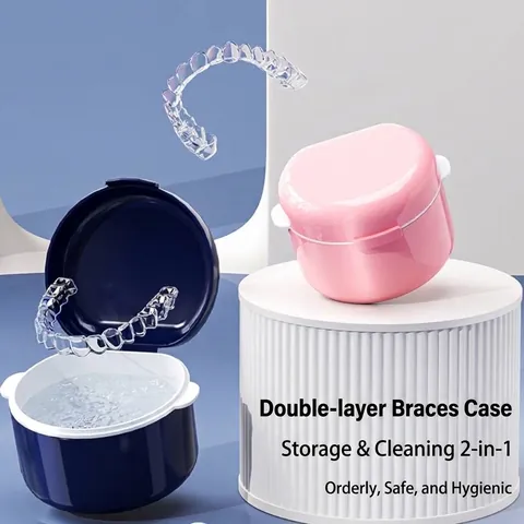 Portable Denture Storage Case Double Layer Braces Cleaning Box With Strainer Basket For Retainer Dentures Oral Care
