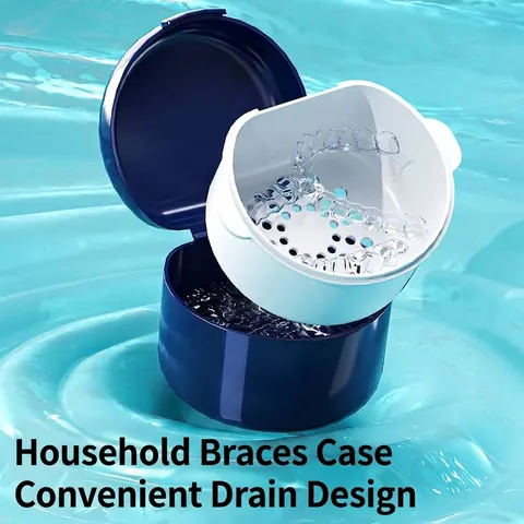 Portable Denture Storage Case Double Layer Braces Cleaning Box With Strainer Basket For Retainer Dentures Oral Care