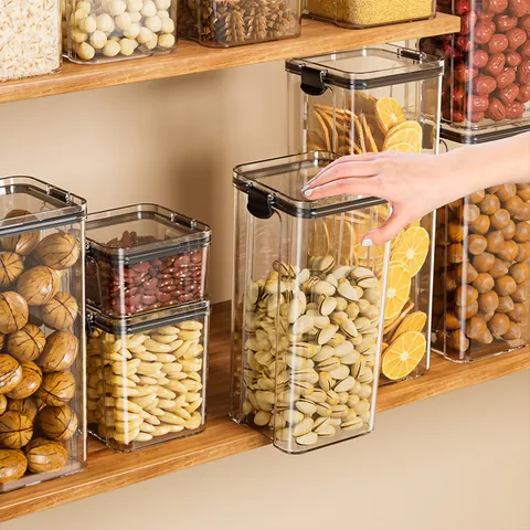 Airtight Food Storage Containers Transparent PET Plastic Jars With Black Locking Lids Stackable Kitchen Pantry Organizer For Grains