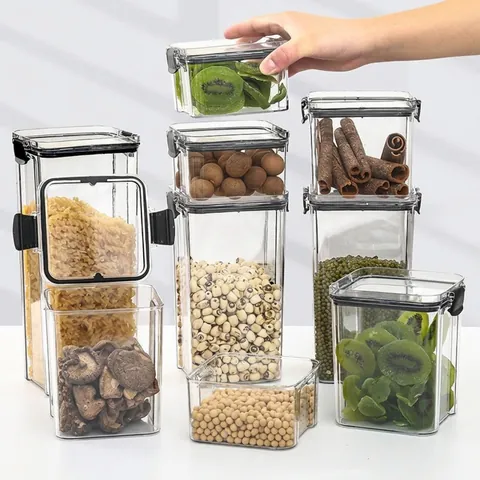 Airtight Food Storage Containers Transparent PET Plastic Jars With Black Locking Lids Stackable Kitchen Pantry Organizer For Grains