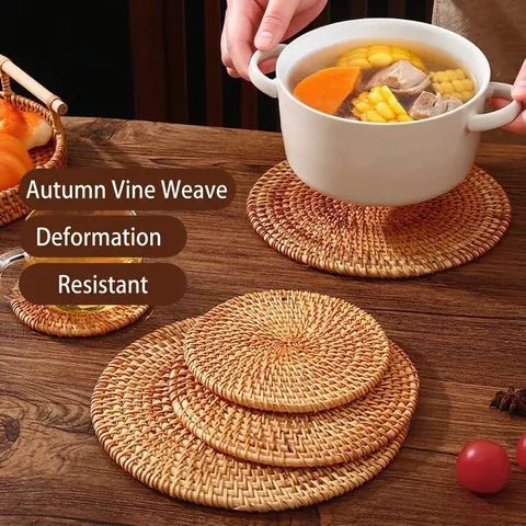 Natural Rattan Woven Placemats Round Handmade Heat Resistant Coasters Thickened Insulation Pad For Pot Bowl Cup Table