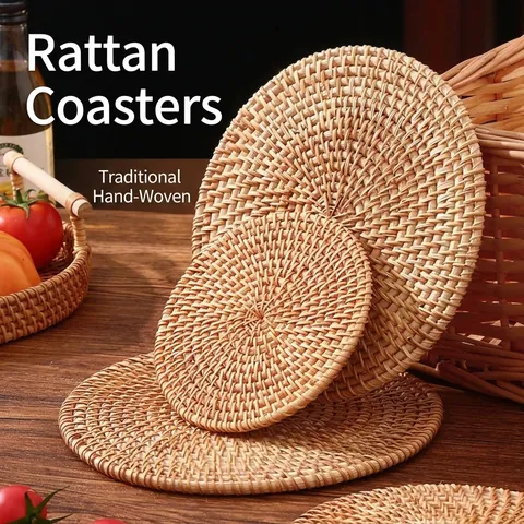 Natural Rattan Woven Placemats Round Handmade Heat Resistant Coasters Thickened Insulation Pad For Pot Bowl Cup Table
