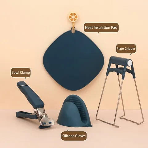 Kitchen Anti-Scald Stainless Steel Bowl Clip Set Non-Slip Plate Gripper Silicone Heat Resistant Mat And Oven Mitts Home Cooking Tools