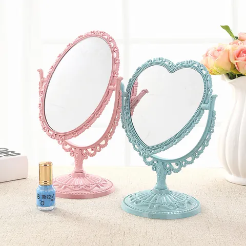 Miroir de Maquillage Double Face Baroque Rétro en Forme de Coeur Rotation à 360 Degrés Miroir en Plastique Style Ins