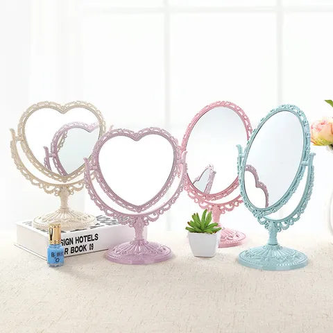 Miroir de Maquillage Double Face Baroque Rétro en Forme de Coeur Rotation à 360 Degrés Miroir en Plastique Style Ins