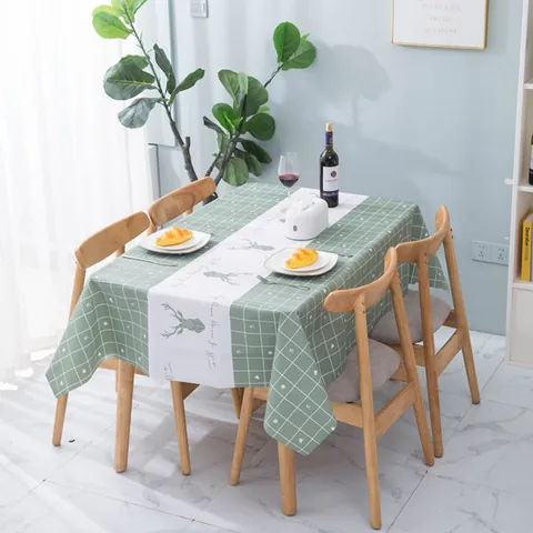 Nordic Style Waterproof PVC Tablecloth Oil-Proof Wipe-Clean Table Cover With Reindeer Grid Pattern For Home Kitchen Dining