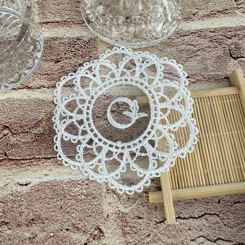 Mini Mesh Embroidery Lace Coaster Vintage Floral Letter Embroidery Patch Table Decoration Home Decor Round Place Mat Ornament