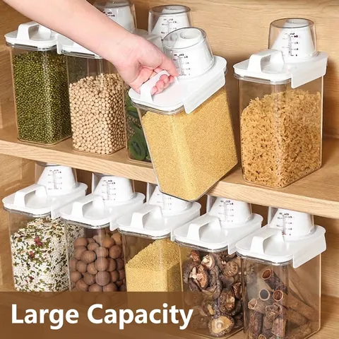 Airtight Plastic Kitchen Storage Container Grain Jar With Measuring Cup Lid Moisture Proof Clear Cereal Dispenser Organizer