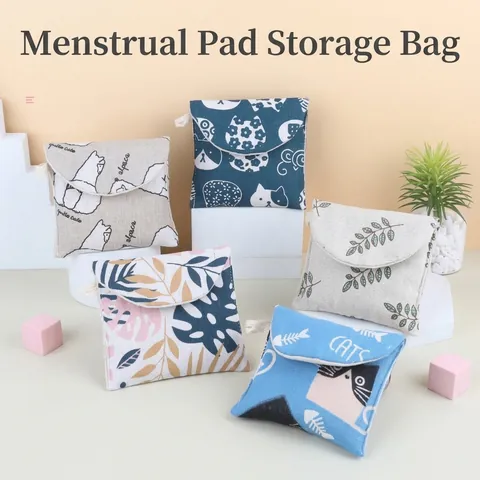 Portable Cotton Linen Sanitary Napkin Storage Bag Cute Cartoon Animal Pattern Menstrual Pad Pouch For Women Students