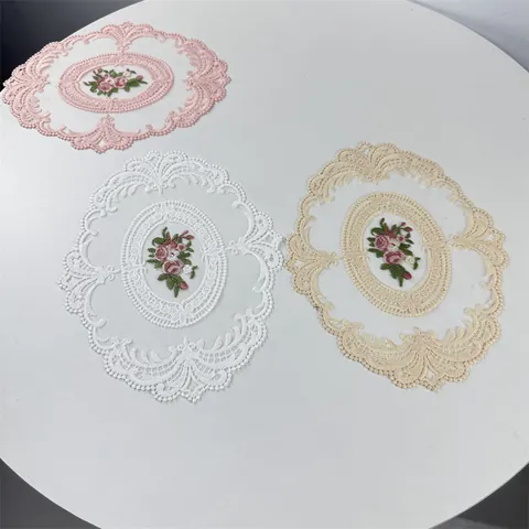 Floral Rose Embroidery Lace Hollow Out Oval Table Mat Vintage Polyester Coaster Vase Mat Home Dining Decor Wedding Table Decoration