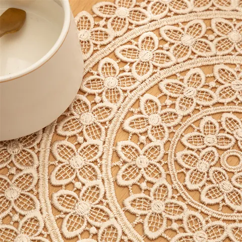 Korean Style Woven Lace Place Mat Round Hollow Floral Coaster Table Decoration For Dining Room Photography Props Ins Polyester Table Mat