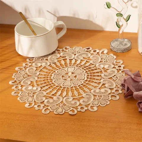 Korean Style Polyester Lace Embroidered Round Coaster Retro Hollow Floral Heat Insulation Table Mat For Home Kitchen Decor
