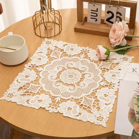 Korean Style Embroidered Polyester Table Mat Vintage Hollow Out Floral Lace Square Coaster Coffee Table Decorative Cover Cloth