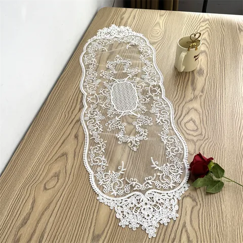 European Vintage White Lace Table Runner Floral Embroidered Hollow Out Decorative Cover Cloth For Dining Table Coffee Table