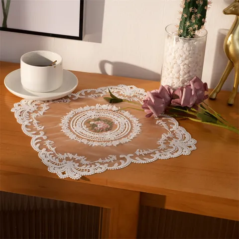 French Vintage Embroidered Hollow Out Tablecloth Polyester Lace Desk Decoration Cover Floral Pattern Background Cloth