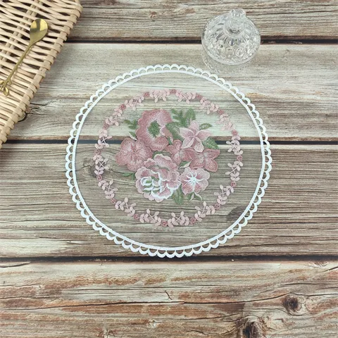 Mantel Individual Bordado de Encaje Vintage Francés Posavasos Redondo de Malla Floral Para Mesa de Comedor Decoración del Hogar