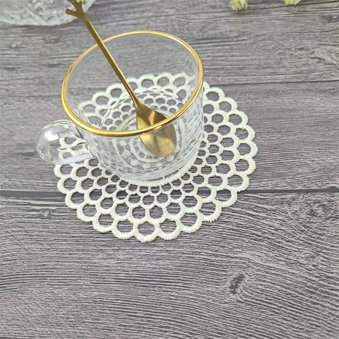 French Vintage Embroidered Hollow Out Floral Lace Coaster Heat Resistant Polyester Table Mat Photography Prop Home Decor Accessory