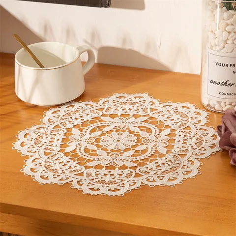 Nordic Embroidered Lace Round Placemat Polyester Hollow Out Floral Coaster Table Mat For Dining Room Kitchen Home Decor Photo Props