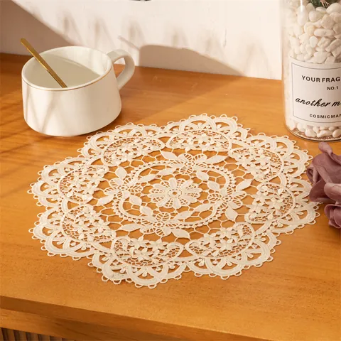 Nordic Embroidered Lace Round Placemat Polyester Hollow Out Floral Coaster Table Mat For Dining Room Kitchen Home Decor Photo Props