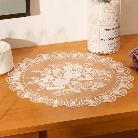 French Vintage Embroidered Mesh Placemat Round Floral Lace Coaster Scalloped Edge Table Cloth Doily Mat For Home Decor