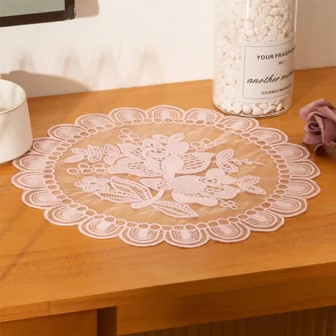 French Vintage Embroidered Mesh Placemat Round Floral Lace Coaster Scalloped Edge Table Cloth Doily Mat For Home Decor