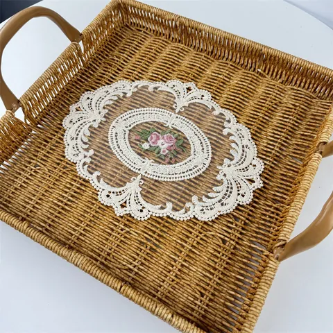Floral Rose Embroidery Lace Hollow Out Oval Table Mat Vintage Polyester Coaster Vase Mat Home Dining Decor Wedding Table Decoration