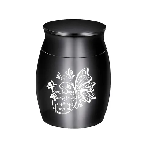 Stainless Steel Mini Cremation Urn For Pet Or Human Ashes Memorial Keepsake Jar With Butterfly And Cross Engraved Design