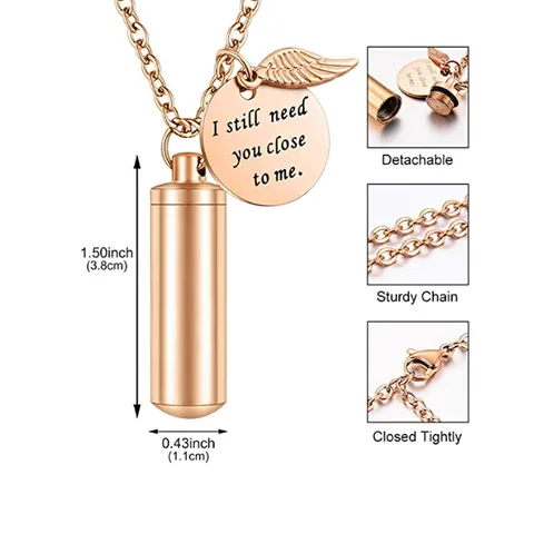 Roestvrij Staal Cilinder Crematie Urn Halsketting Voor Menselijke Huisdier As Waterdicht Gedenkteken Hanger Ketting Met Engelenvleugel Hart Bedeltje Sieraden
