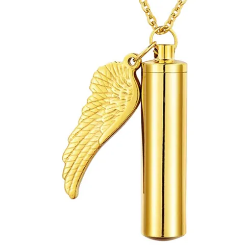 Titanium Steel Cylindrical Perfume Bottle Urn Necklace For Men Women Openable Memorial Pendant With Wing Charm Minimalist Jewelry