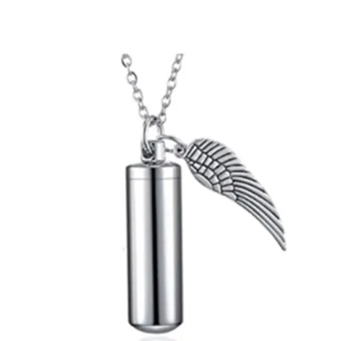 Stainless Steel Cylinder Cremation Urn Necklace With Angel Wing Charm Ash Holder Perfume Bottle Memorial Pendant For Unisex