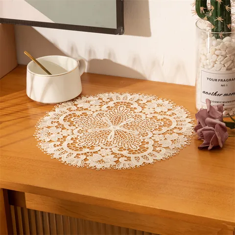 French Embroidery Lace Coaster Round Hollow Out Floral Pattern Decorative Place Mat Polyester Table Doily For Home Decor