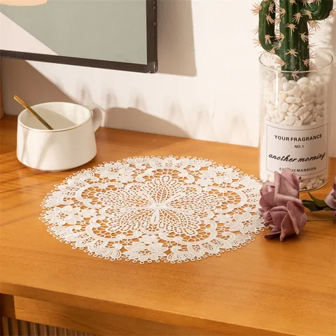 French Embroidery Lace Coaster Round Hollow Out Floral Pattern Decorative Place Mat Polyester Table Doily For Home Decor