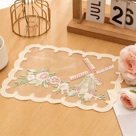 Vintage Floral Embroidered Lace Coaster Elegant Windmill Pattern Place Mat Retro Table Mat For Home Kitchen Decoration