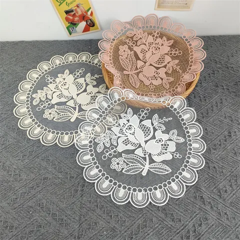 Vintage European Round Lace Embroidery Place Mat Polyester Water Soluble Mesh Vase Mat Floral Table Decor For Dining Room Home Photography Prop