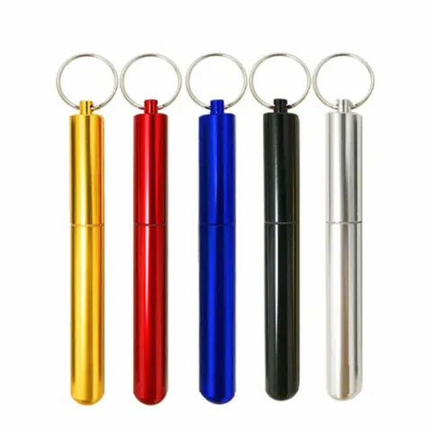 Portable Telescopic Straw Set 304 Stainless Steel Reusable Straw With Aluminum Alloy Case Storage Tube Metal Keychain