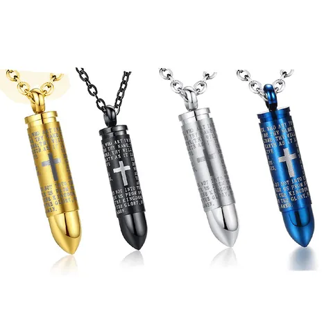 Stainless Steel Bullet Urn Necklace For Ashes Lord's Prayer Cross Pendant Memorial Jewelry Cremation Necklace For Men Women