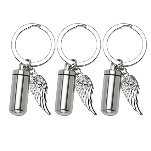Minimalist Stainless Steel Cylindrical Perfume Bottle Urn Pendant Keychain For Men Women Angel Wing Rose Memorial Jewelry