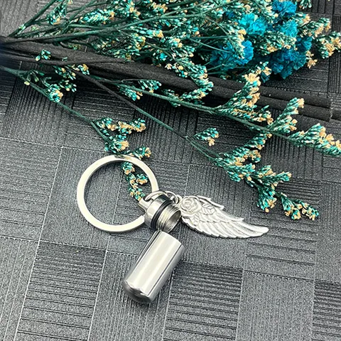 Minimalist Stainless Steel Cylindrical Perfume Bottle Urn Pendant Keychain For Men Women Angel Wing Rose Memorial Jewelry