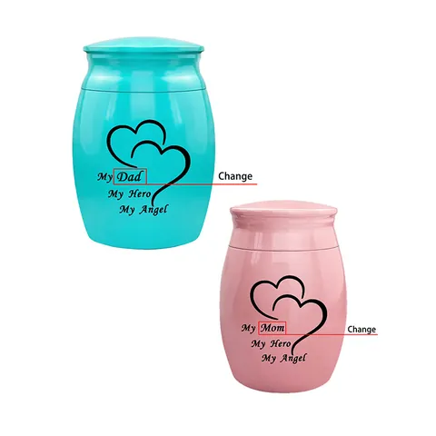 Mini Keepsake Cremation Urns For Human Ashes Pet Memorial Jar Small Aluminum Alloy Cremation Urn With Double Heart Pattern Hero Angel Text Memorial Keepsake