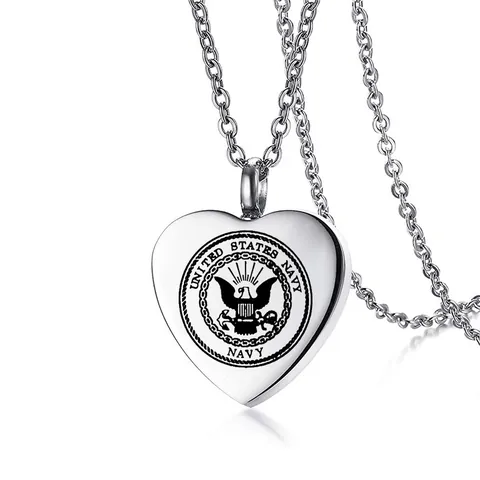 Heart Cremation Urn Necklace Stainless Steel US Navy Memorial Pendant Ashes Holder Perfume Bottle Keepsake Jewelry For Men Women