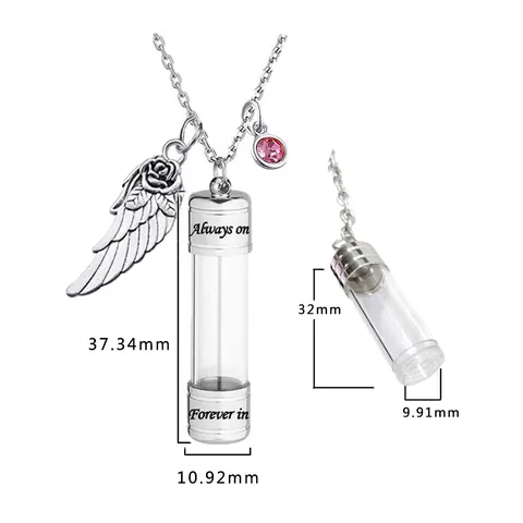 Collar de Urna de Cremación de Acero Inoxidable para Cenizas Humanas Mascotas Joyería Conmemorativa Colgante Cilíndrico Transparente Alas de Ángel Rosa Strass