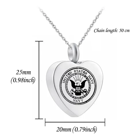 Heart Cremation Urn Necklace Stainless Steel US Navy Memorial Pendant Ashes Holder Perfume Bottle Keepsake Jewelry For Men Women