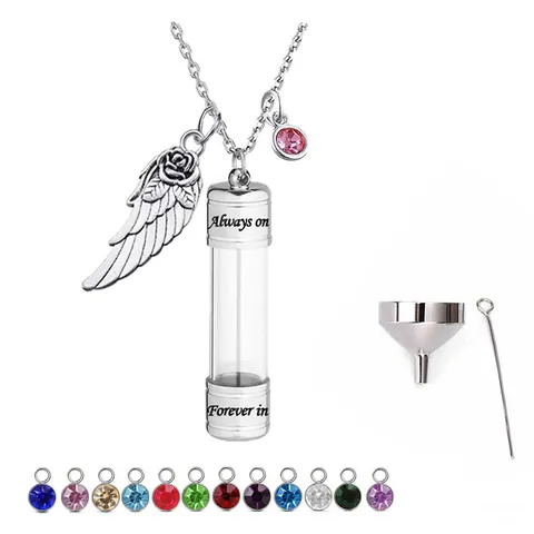Collar de Urna de Cremación de Acero Inoxidable para Cenizas Humanas Mascotas Joyería Conmemorativa Colgante Cilíndrico Transparente Alas de Ángel Rosa Strass