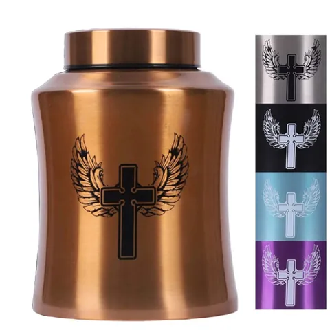 Stainless Steel Pet Cremation Urn For Ashes Memorial Jar With Winged Cross Design Brushed Metal Dog Cat Keepsake Urn